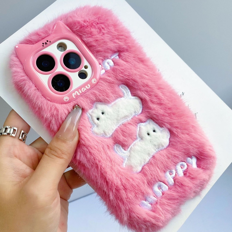 

For iPhone 14 Pro Plush Cute Cat Full Coverage Silicone Phone Case(Pink)