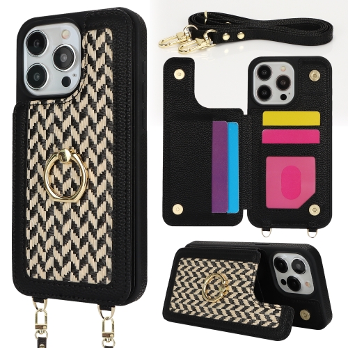 

For iPhone 15 Pro Max Double Bckle Card Slot Full Coverage Phone Case with Cross-body Strap(Black)