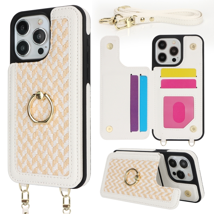 

For iPhone 15 Pro Max Double Bckle Card Slot Full Coverage Phone Case with Cross-body Strap(White)