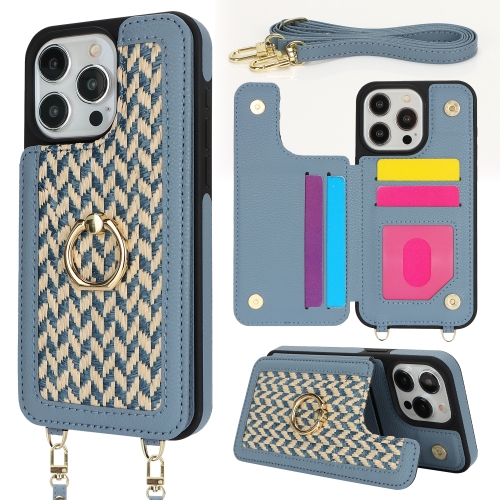 

For iPhone 15 Pro Double Bckle Card Slot Full Coverage Phone Case with Cross-body Strap(Blue)