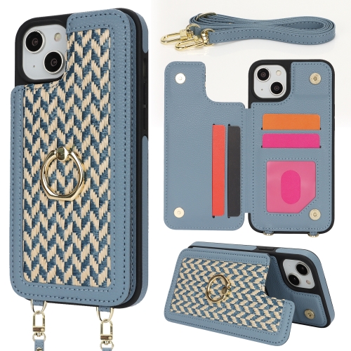 

For iPhone 14 Plus / 15 Plus Double Bckle Card Slot Full Coverage Phone Case with Cross-body Strap(Blue)