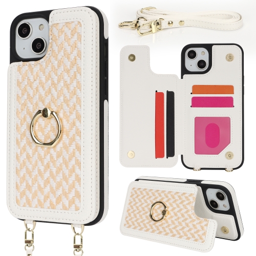 

For iPhone 15 Double Bckle Card Slot Full Coverage Phone Case with Cross-body Strap(White)