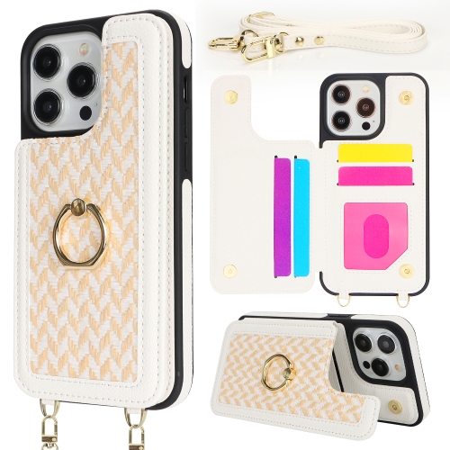 

For iPhone 14 Pro Double Bckle Card Slot Full Coverage Phone Case with Cross-body Strap(White)