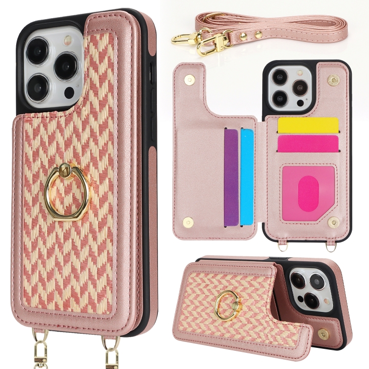 

For iPhone 14 Pro Double Bckle Card Slot Full Coverage Phone Case with Cross-body Strap(Rose Gold)