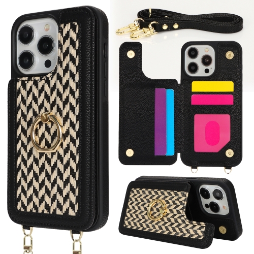 

For iPhone 13 Pro Max Double Bckle Card Slot Full Coverage Phone Case with Cross-body Strap(Black)