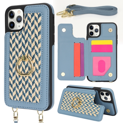 

For iPhone 11 Pro Max Double Bckle Card Slot Full Coverage Phone Case with Cross-body Strap(Blue)