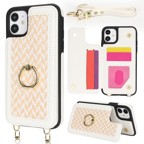 

For iPhone 11 Double Bckle Card Slot Full Coverage Phone Case with Cross-body Strap(White)