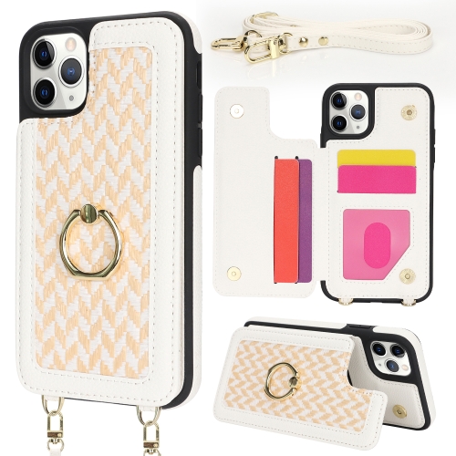 

For iPhone 11 Pro Double Bckle Card Slot Full Coverage Phone Case with Cross-body Strap(White)