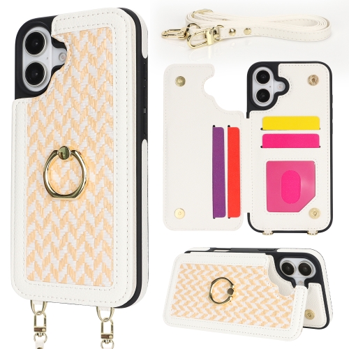 

For iPhone 16 Plus Double Bckle Card Slot Full Coverage Phone Case with Cross-body Strap(White)