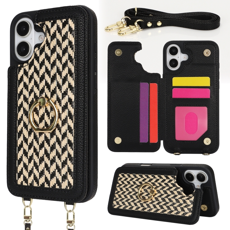 

For iPhone 16 Double Bckle Card Slot Full Coverage Phone Case with Cross-body Strap(Black)