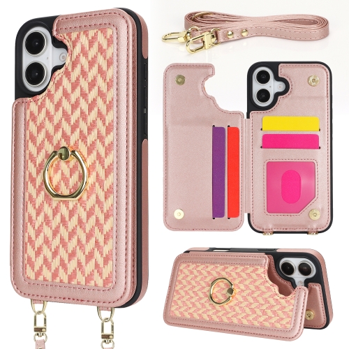 

For iPhone 16 Double Bckle Card Slot Full Coverage Phone Case with Cross-body Strap(Rose Gold)