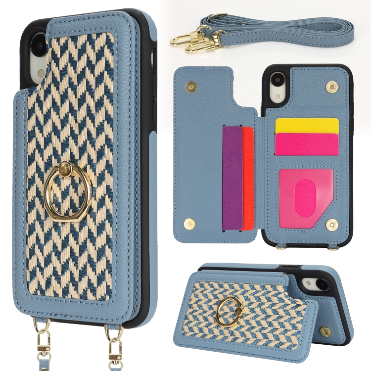 

For iPhone XR Double Bckle Card Slot Full Coverage Phone Case with Cross-body Strap(Blue)