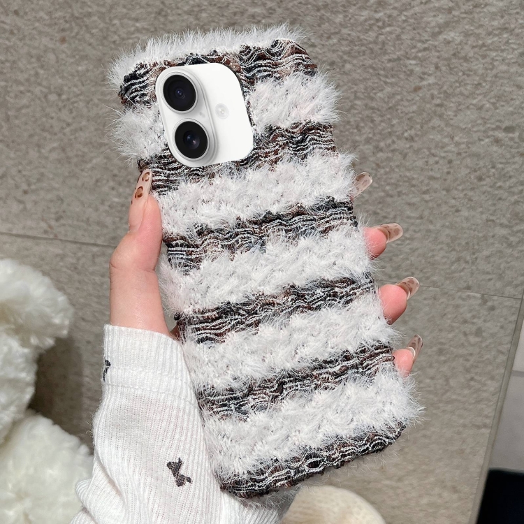 

For iPhone 16 Plus Striped Fabric Plush TPU Phone Case(Black)