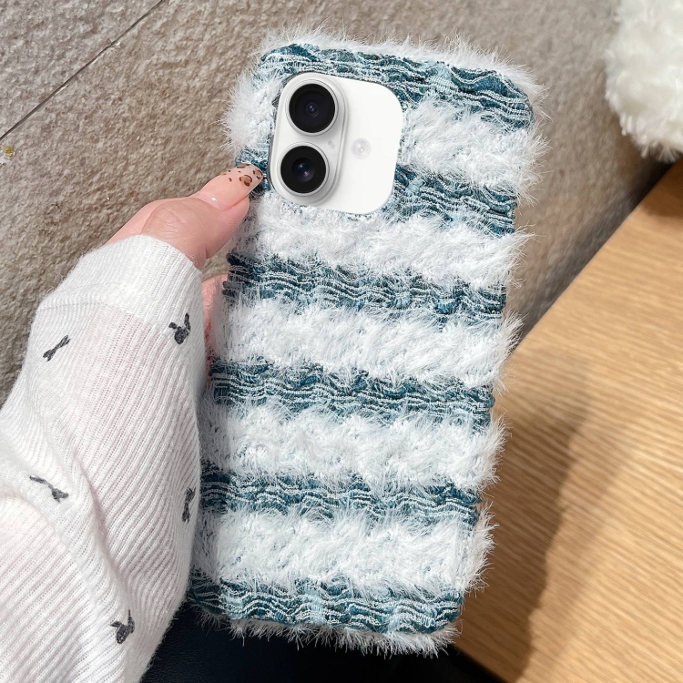 

For iPhone 16 Striped Fabric Plush TPU Phone Case(Green)