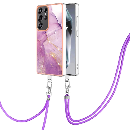 

For Samsung Galaxy S25 Ultra 5G Electroplating Marble Dual-side IMD Phone Case with Lanyard(Purple 001)