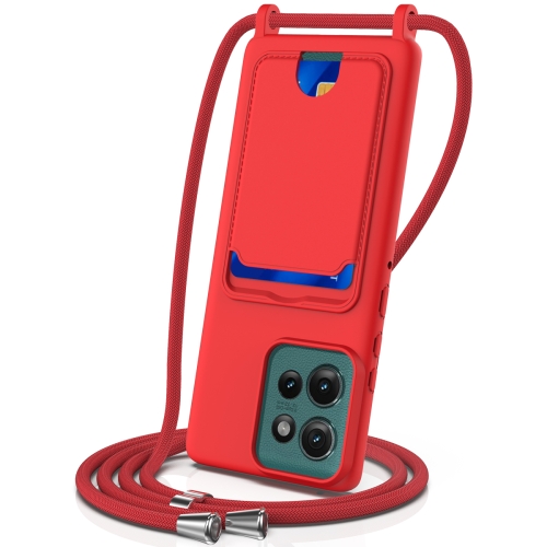 

For Motorola Edge 50 Neo Integrated Card Bag Solid Color Liquid Silicone Phone Case with Lanyard(Red)