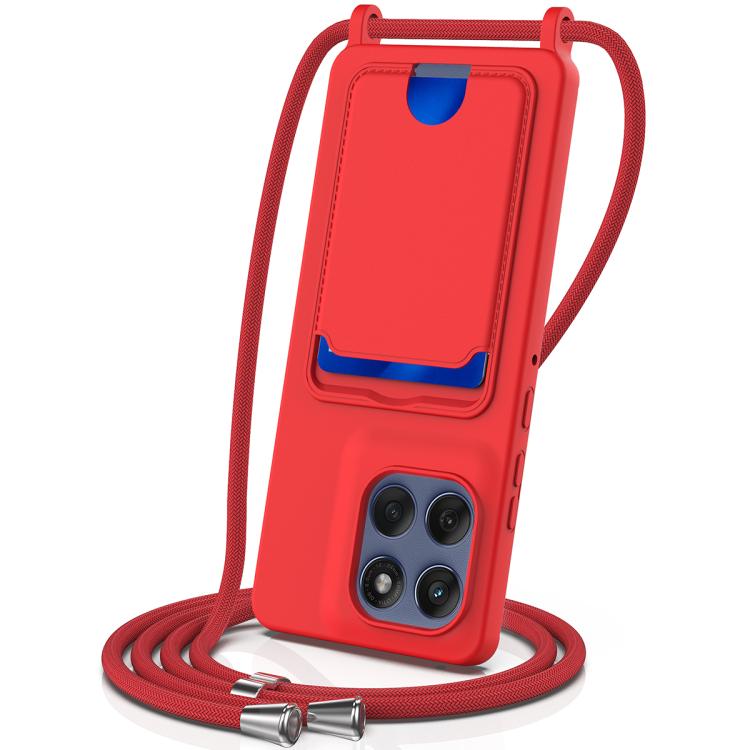 

For Motorola Edge 60 Pro Integrated Card Bag Solid Color Liquid Silicone Phone Case with Lanyard(Red)
