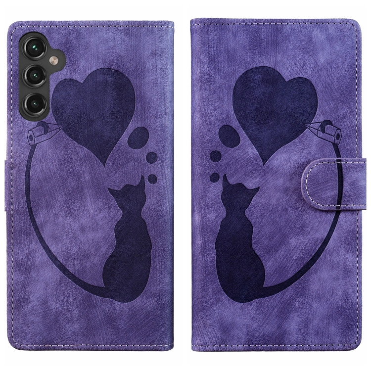 

For Samsung Galaxy S25 5G Pen Heart Cat Embossed Leather Phone Case(Purple)