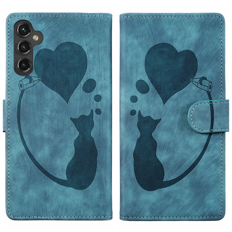 

For Samsung Galaxy S25+ 5G Pen Heart Cat Embossed Leather Phone Case(Blue)