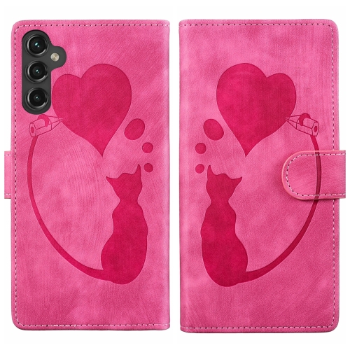 

For Samsung Galaxy S25+ 5G Pen Heart Cat Embossed Leather Phone Case(Pink)