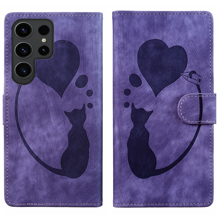 

For Samsung Galaxy S25 Ultra 5G Pen Heart Cat Embossed Leather Phone Case(Purple)
