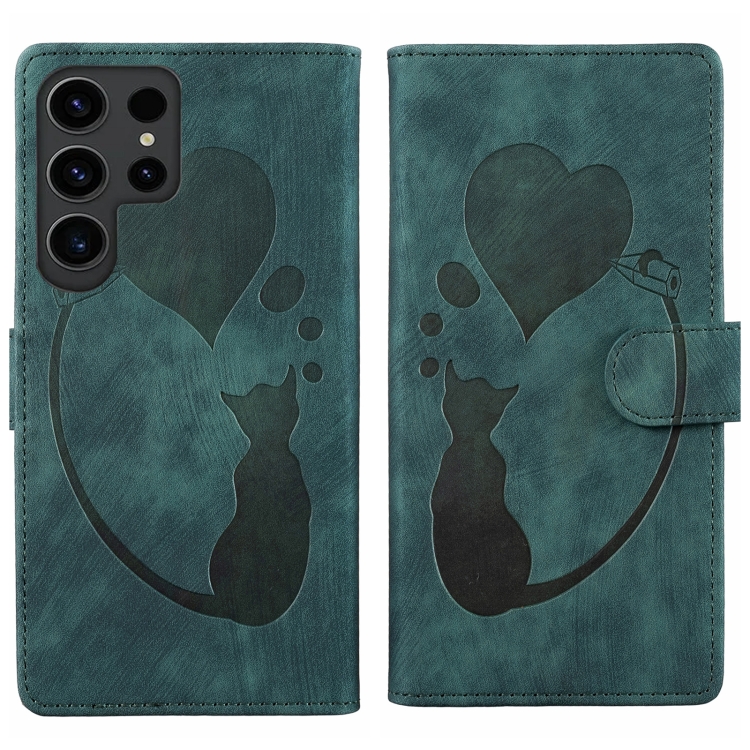 

For Samsung Galaxy S25 Ultra 5G Pen Heart Cat Embossed Leather Phone Case(Green)