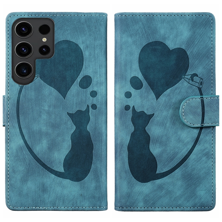 

For Samsung Galaxy S25 Ultra 5G Pen Heart Cat Embossed Leather Phone Case(Blue)