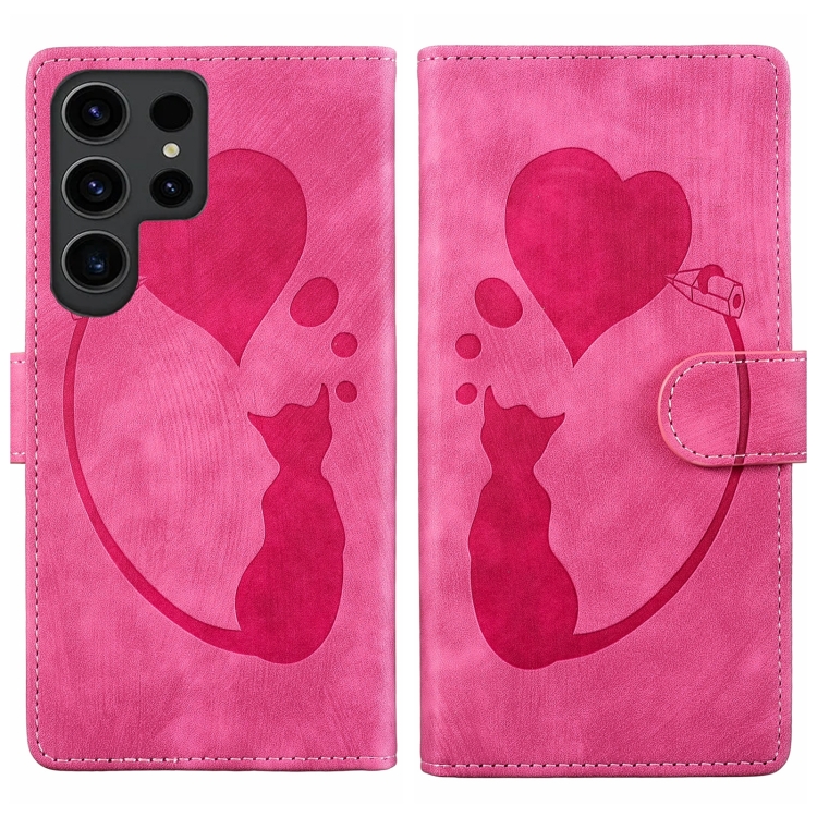 

For Samsung Galaxy S25 Ultra 5G Pen Heart Cat Embossed Leather Phone Case(Pink)