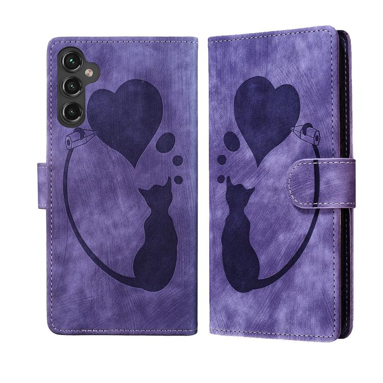 

For Samsung Galaxy S25 FE 5G Pen Heart Cat Embossed Leather Phone Case(Purple)