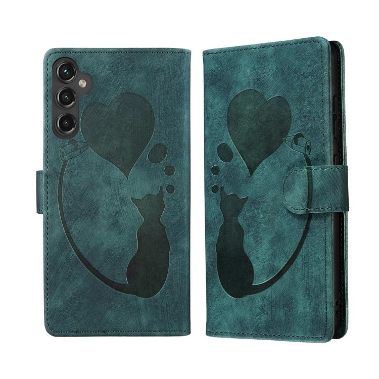 

For Samsung Galaxy S25 FE 5G Pen Heart Cat Embossed Leather Phone Case(Green)