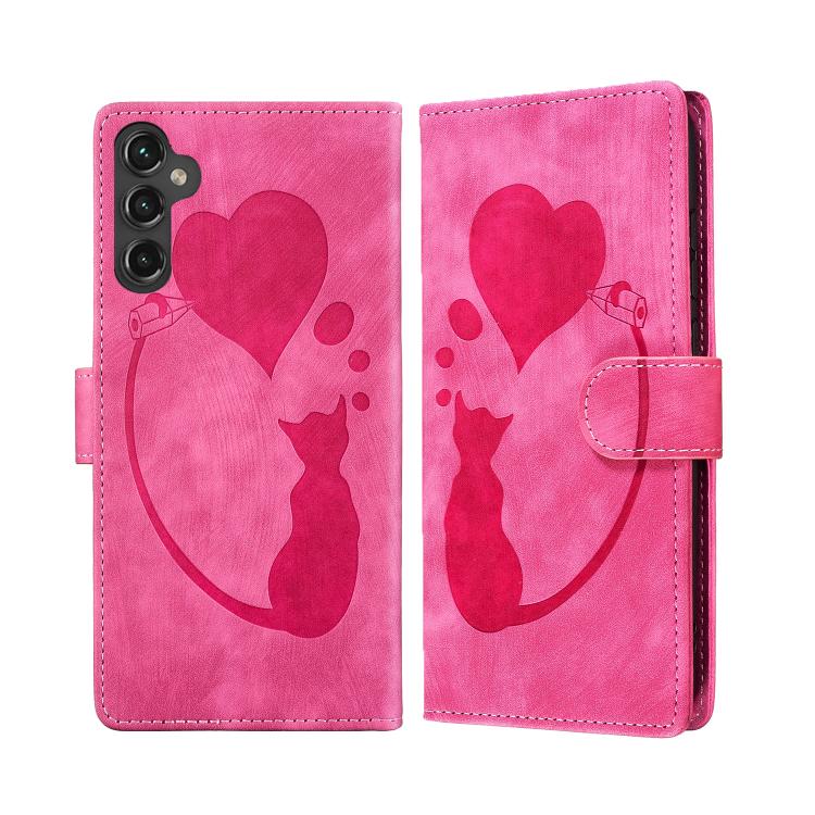 

For Samsung Galaxy S25 FE 5G Pen Heart Cat Embossed Leather Phone Case(Pink)