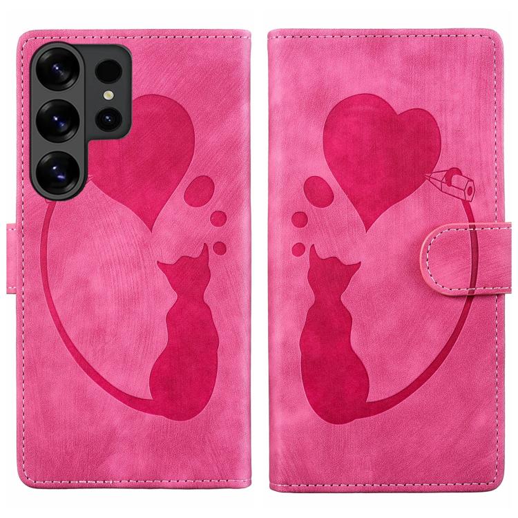 

For Samsung Galaxy S26 Ultra 5G Pen Heart Cat Embossed Leather Phone Case(Pink)