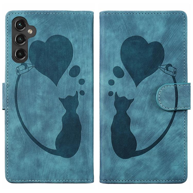 

For Samsung Galaxy S26 5G Pen Heart Cat Embossed Leather Phone Case(Blue)