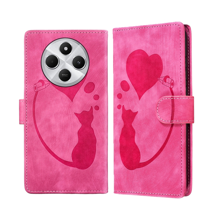 

For Redmi 14C 4G Pen Heart Cat Embossed Leather Phone Case(Pink)