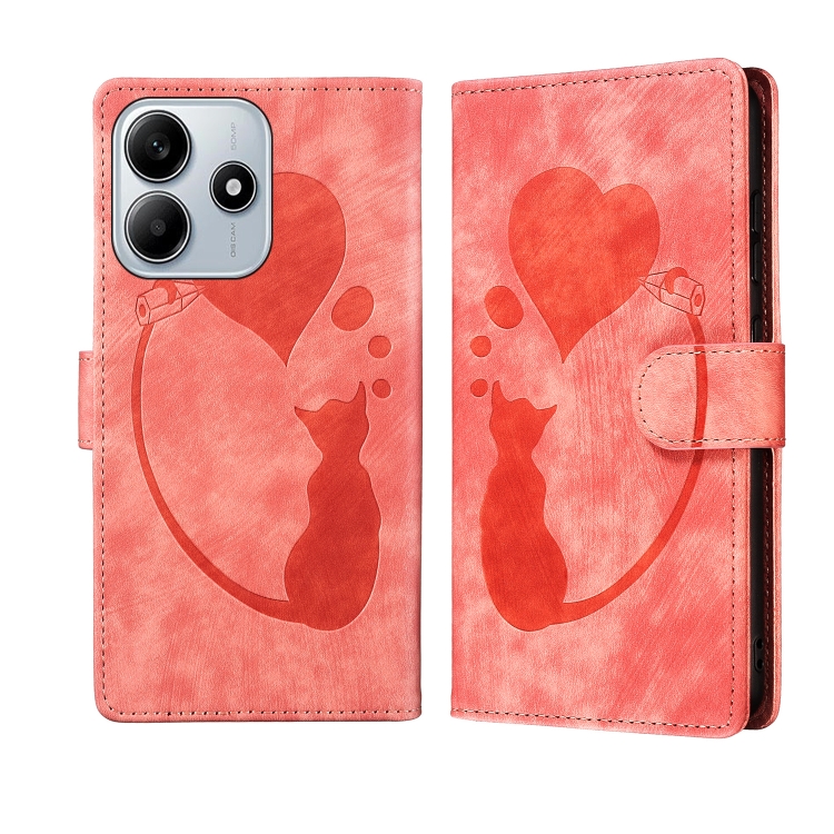 

For Redmi Note 14 5G Pen Heart Cat Embossed Leather Phone Case(Orange)