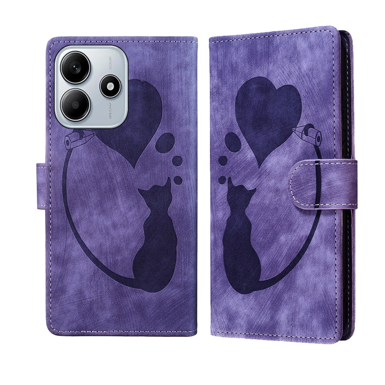 For Redmi Note 14 5G Pen Heart Cat Embossed Leather Phone Case(Purple)