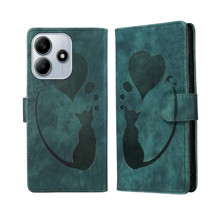

For Redmi Note 14 5G Pen Heart Cat Embossed Leather Phone Case(Green)