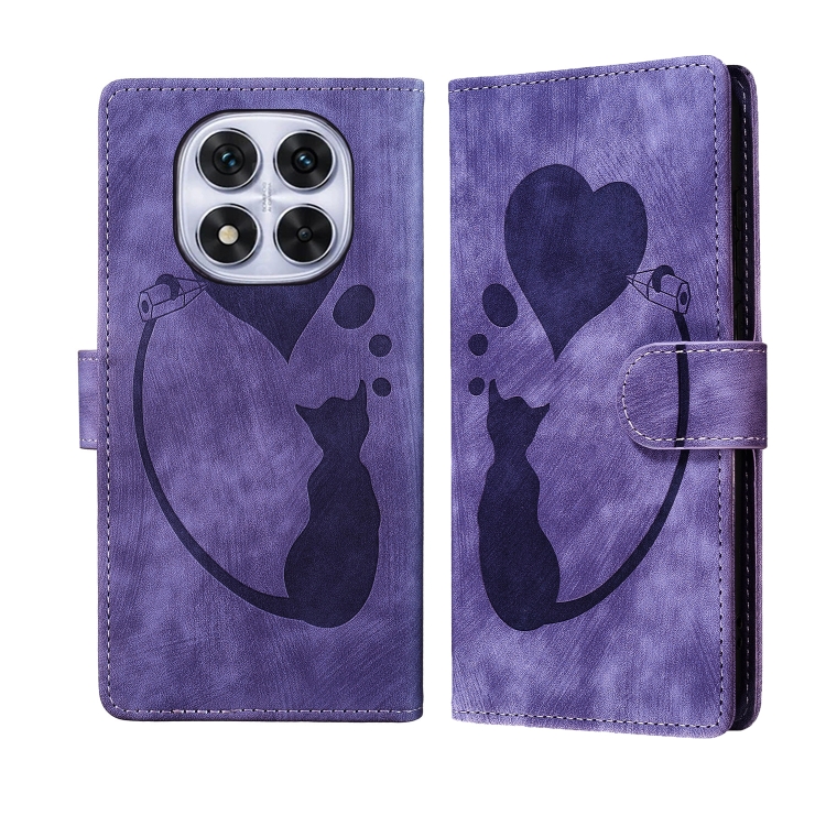 

For Redmi Note 14 Pro 5G Pen Heart Cat Embossed Leather Phone Case(Purple)