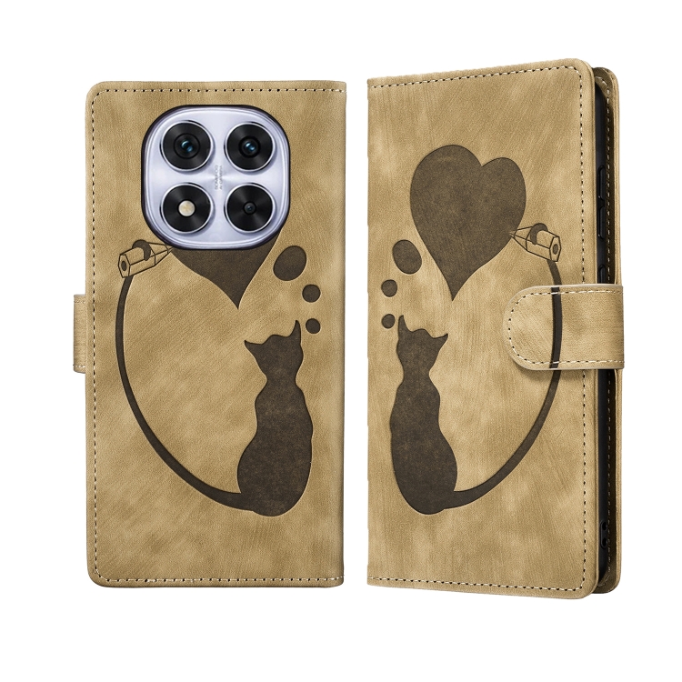 

For Redmi Note 14 Pro 5G Pen Heart Cat Embossed Leather Phone Case(Apricot)