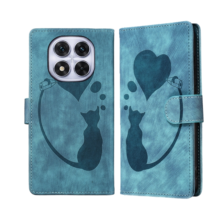 

For Redmi Note 14 Pro 5G Pen Heart Cat Embossed Leather Phone Case(Blue)