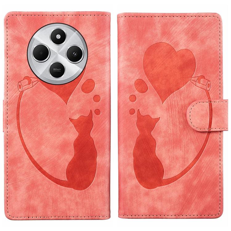 

For Redmi A4 5G Pen Heart Cat Embossed Leather Phone Case(Orange)