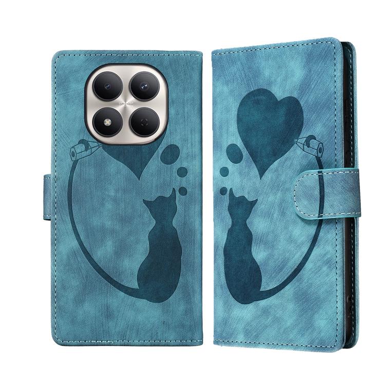 

For Redmi Note 15 Pro 4G Global 165.8mm Pen Heart Cat Embossed Leather Phone Case(Blue)
