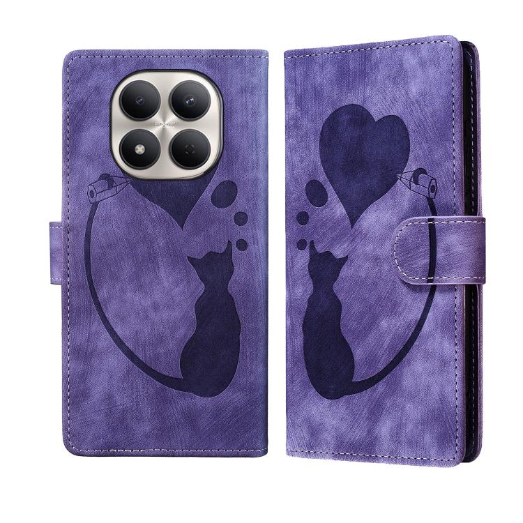 

For Redmi Note 15 Pro 5G Global 163.6mm Pen Heart Cat Embossed Leather Phone Case(Purple)