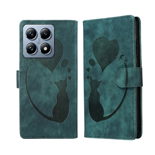 

For Xiaomi 14T Pen Heart Cat Embossed Leather Phone Case(Green)