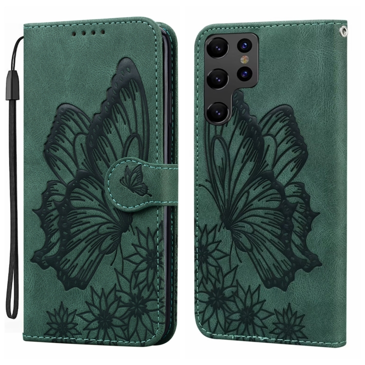 For Samsung Galaxy S25 Ultra 5G Retro Skin Feel Butterflies Embossing Horizontal Flip Leather Phone Case(Green)