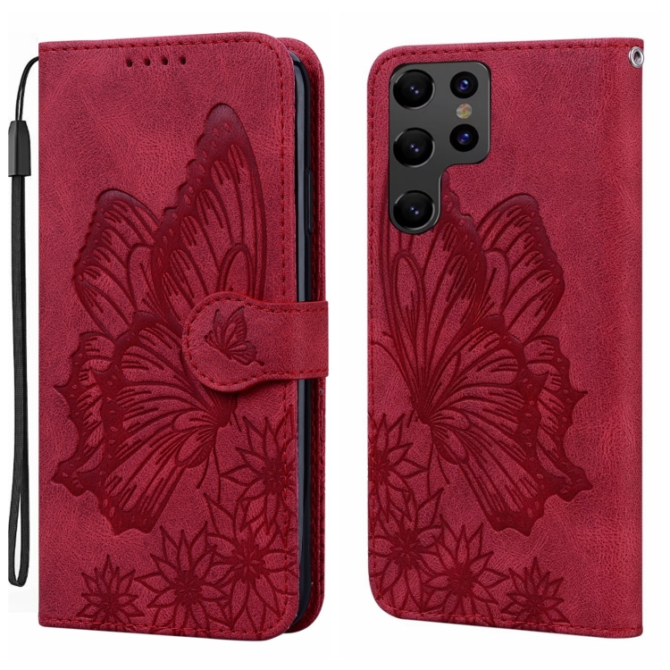 

For Samsung Galaxy S25 Ultra 5G Retro Skin Feel Butterflies Embossing Horizontal Flip Leather Phone Case(Red)