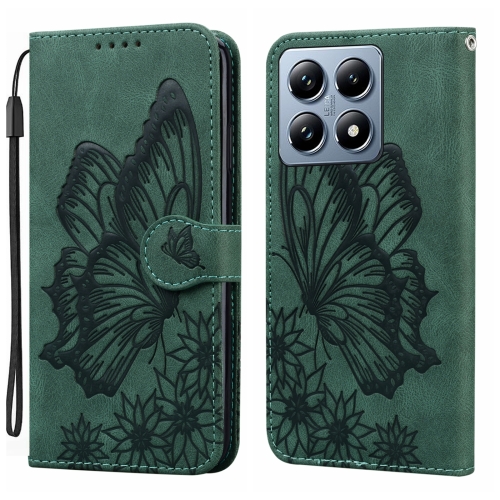 

For Xiaomi 14T Pro Retro Skin Feel Butterflies Embossing Horizontal Flip Leather Phone Case(Green)