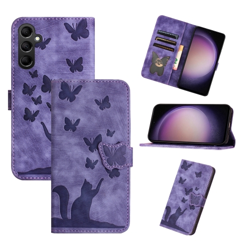 

For Samsung Galaxy S25 5G Butterfly Cat Embossing Flip Leather Phone Case(Purple)