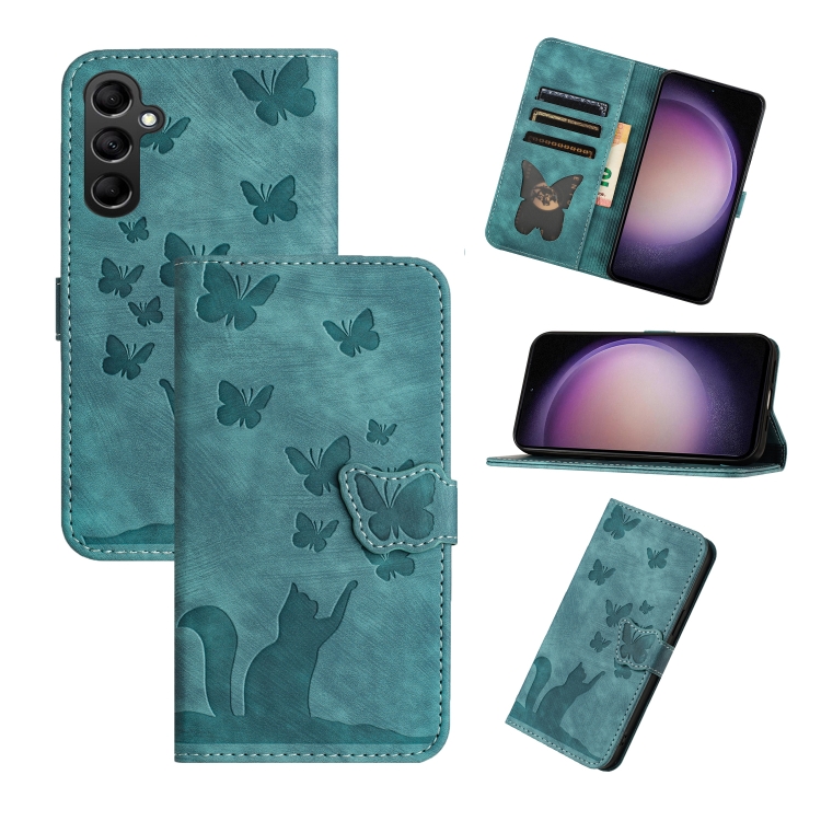 

For Samsung Galaxy S25+ 5G Butterfly Cat Embossing Flip Leather Phone Case(Wathet)