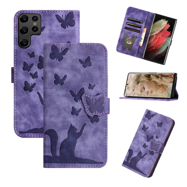 

For Samsung Galaxy S25 Ultra 5G Butterfly Cat Embossing Flip Leather Phone Case(Purple)
